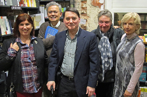 Readers at 2013 AQ Yearbook Launch Party and Reading. L. to r. Susan Carey, Lucien Knoedler, Bryan Monte, Kate Foley and Robin Winckel-Mellish. Susan de Sola missing.